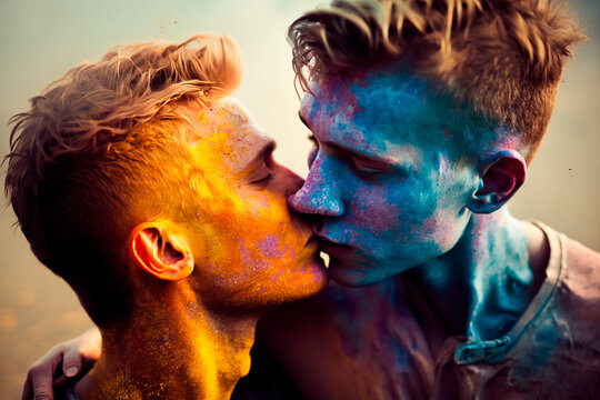 AI GENERATIVE, gay couple kissing at holi festival. High quality photo Generative AI