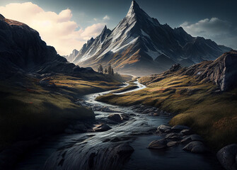 The Enchanting Mountain Peaks, Flowing Rivers, and Tranquil Waterfall Streams in the Great Outdoors of Nature with Beautiful Colors of Autumn