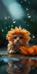 Naklejka na ściany i meble tiny lion with orange daisy petals for his mane by generative AI