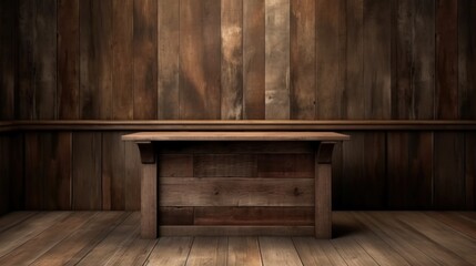 Fototapeta na wymiar Empty podium in a rustic wood-paneled room with a simple wooden table nearby. Generative AI.