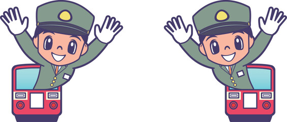 列車から笑顔で顔を出す車掌