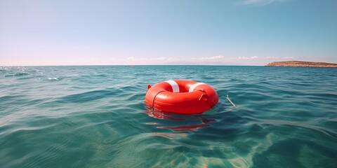 Obraz premium Round red life ring against the background of the ocean.
