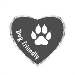 Dog friendly grunge heart stamp, gray isolated on white background, vector illustration.  Dog paw print vector illustration for your web site design, app, UI.  EPS10.