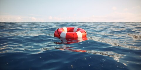 Naklejka premium Round red life ring against the background of the ocean.