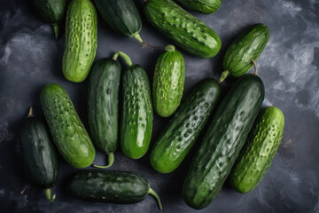 A group of freshly picked green cucumbers on dark background. Generative AI