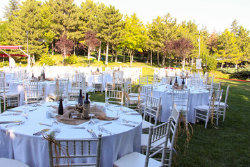Dining table prepared for wedding dinner