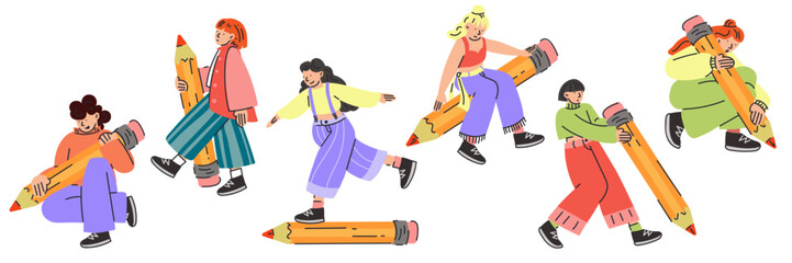 A set of girls with a big pencil. A young student holds a pencil. Cute funny isolated character. Cartoon style. Hand-drawn vector illustration. Drawing, writing, creation, design blogging concept flat