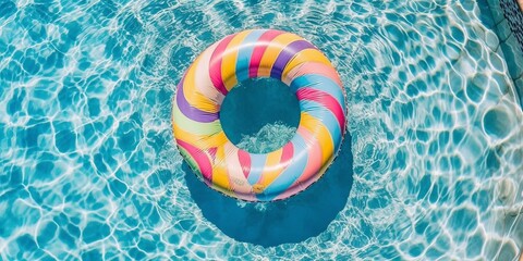 inflatable ring colorful in pool on sunny day. Relaxation lifestyle concept. Leisure lifestyle concept. Color background.