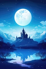 Fototapeta premium Fantasy castle on the mountain under the magical moonlight. Fairy tale scene. Winter wonderland. Generative ai.