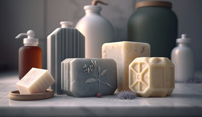 Fototapeta na wymiar Generative AI imagen of a bundle of artisan plant based, organic and handmade different soaps with a bathroom as background 
