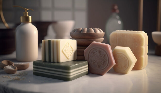 Generative AI imagen of a bundle of artisan plant based, organic and handmade different soaps with a bathroom as background 