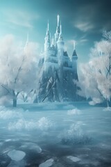 Fantasy castle made of ice. Fairy tale scene. Winter wonderland. Generative ai.