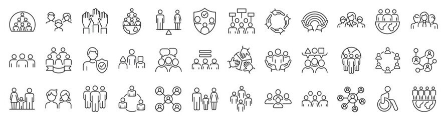 Set of 36 line icons related to society, teamwork, cooperation. Outline icon collection. Editable stroke. Vector illustration - obrazy, fototapety, plakaty