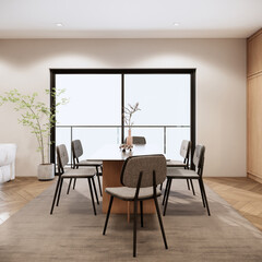 Modern dining room interior design and decoration with dining table and grey color chairs, grey capet on wooden parquet floor. 3d rendering apartment mockup room with balcony.