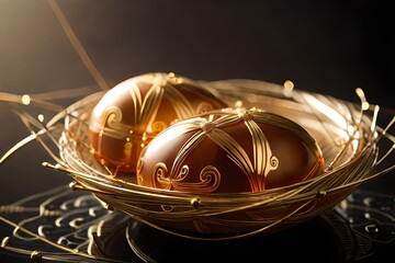 macro shot easter eggs with golden ornaments in the nest isolated on dark with copy space
