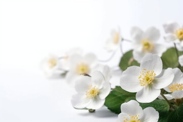 Naklejka na ściany i meble White jasmine flowers on a white background with space for text .Generative AI