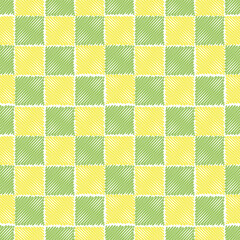A pattern from a pencil stroke drawing. Colored doodles. The texture of a sketch drawn by hand with pen lines. Transverse or parallel hatching. Green and yellow background of round dashed shapes
