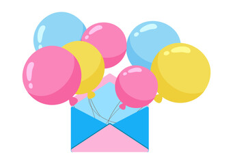 Cartoon envelope with flying balloons. Isolated design element on white background. Decor for greeting card, party, baby shower, celebration. Vector illustration. 