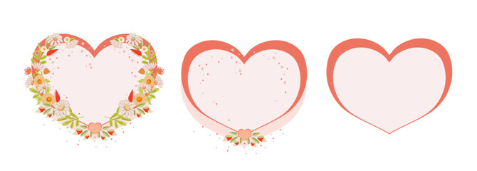 Set of painted hearts with flowers and dots. Isolated design element on white background. For greeting card, mother's day, birthday, valentine's day, father's day, love. Vector illustration.