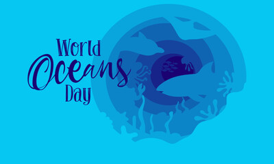World Oceans Day. A holiday dedicated to the protection and preservation of the world's oceans, water resources and ecosystems. Blue shades from layers in the theme of sea waves, fish and plants