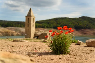 Muurstickers Sau, Spain - 28 April 2023: An old bell tower is seen at the Sau reservoir as the drought caused by climate change causes water shortages in Spain and Europe. © davide bonaldo