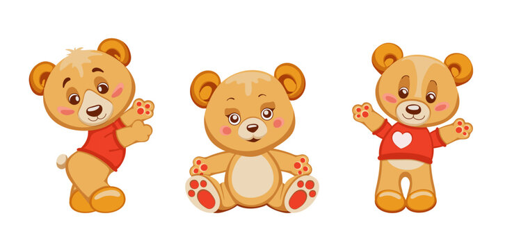 Set of cute hand drawn cartoon style teddy bears, isolated design element on white background. Funny animal for mother's day, birthday, baby shower, Father's Day, greeting card. Vector illustration. 
