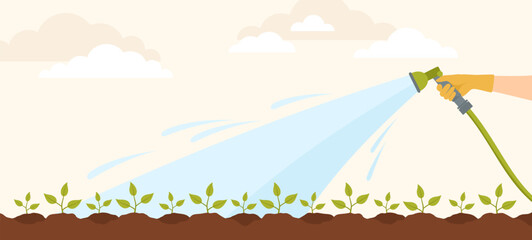 A hand in a rubber glove watering the beds with plant sprouts from a hose. Flat vector illustration