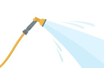 A yellow watering hose with a stream of water isolated on a white background. Flat vector illustration