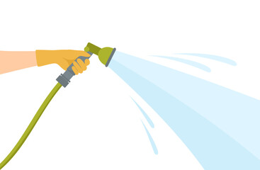 A hand in a rubber glove holding a hose with a stream of water. Vector illustration in flat style