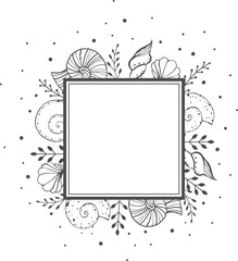 Square frame with seashells and seaweed plants, sketch illustration