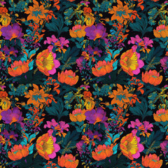 Seamless abstract flowers pattern on black background. AI generated