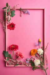 colorful wildflowers with wooden frame on pink background