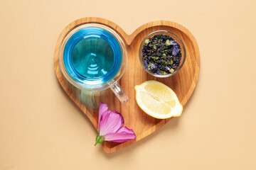 Concept of tasty hot drink, Anchan tea, top view