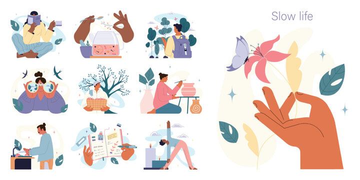 Slow living concept set. Slow life principles and activities. Male and female