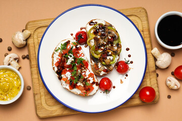 Toasts with tasty grilled vegetables, top view