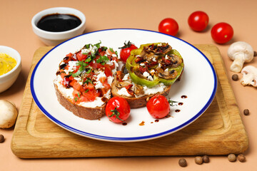 Toasts with tasty grilled vegetables, concept of delicious appetizer