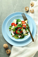 Concept of tasty food, salad with strawberry, top view