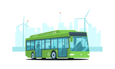 Electric city bus with passengers against the background of an abstract cityscape. Vector illustration. © lyudinka