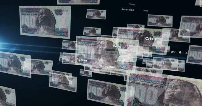 Egyptian Pound 100 EGP banknote loop. Flying between transparent money Egypt note. 3D seamless looped abstract concept of business, economy, finance, crisis and banking.