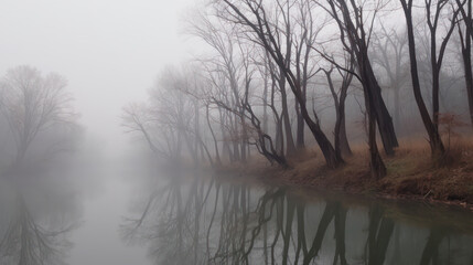 Enchanting Misty Riverbank. Generative AI