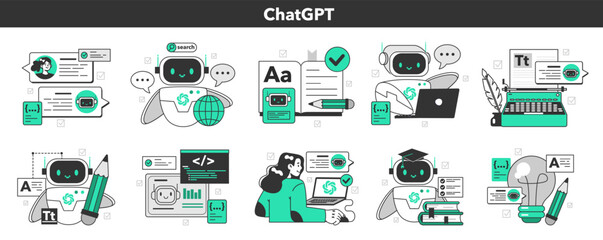 ChatGPT set. Online communication with artificial intelligence chat - obrazy, fototapety, plakaty