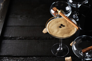 Espresso martini cocktail, delicious alcohol drink, space for text