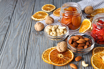 Tasty food concept - delicious dried fruits, space for text