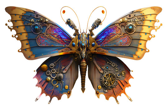 magic steampunk fantasy butterfly, isolated design element on transparent background, generative ai

