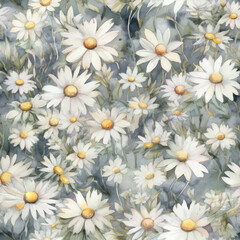 Seamless Watercolor Daisies Pattern, Repeating Floral Background, Generative AI
