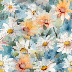 Obraz premium Seamless Watercolor Daisies Pattern, Repeating Floral Background, Generative AI