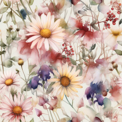 Seamless Watercolor Daisies Pattern, Repeating Floral Background, Generative AI