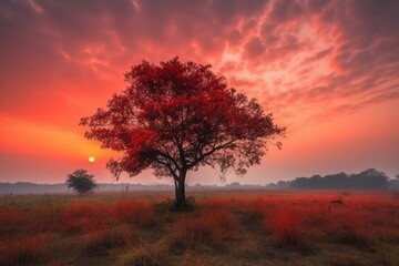 Tree on the meadow at sunrise. Beautiful landscape with the red sky, generative ai