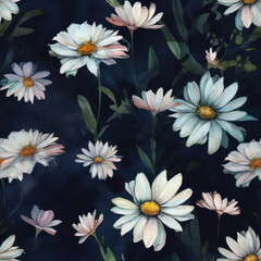 Seamless Watercolor Daisies Pattern, Repeating Floral Background, Generative AI