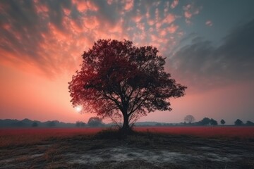 Beautiful autumn landscape with lonely tree on the meadow at sunset, generative ai